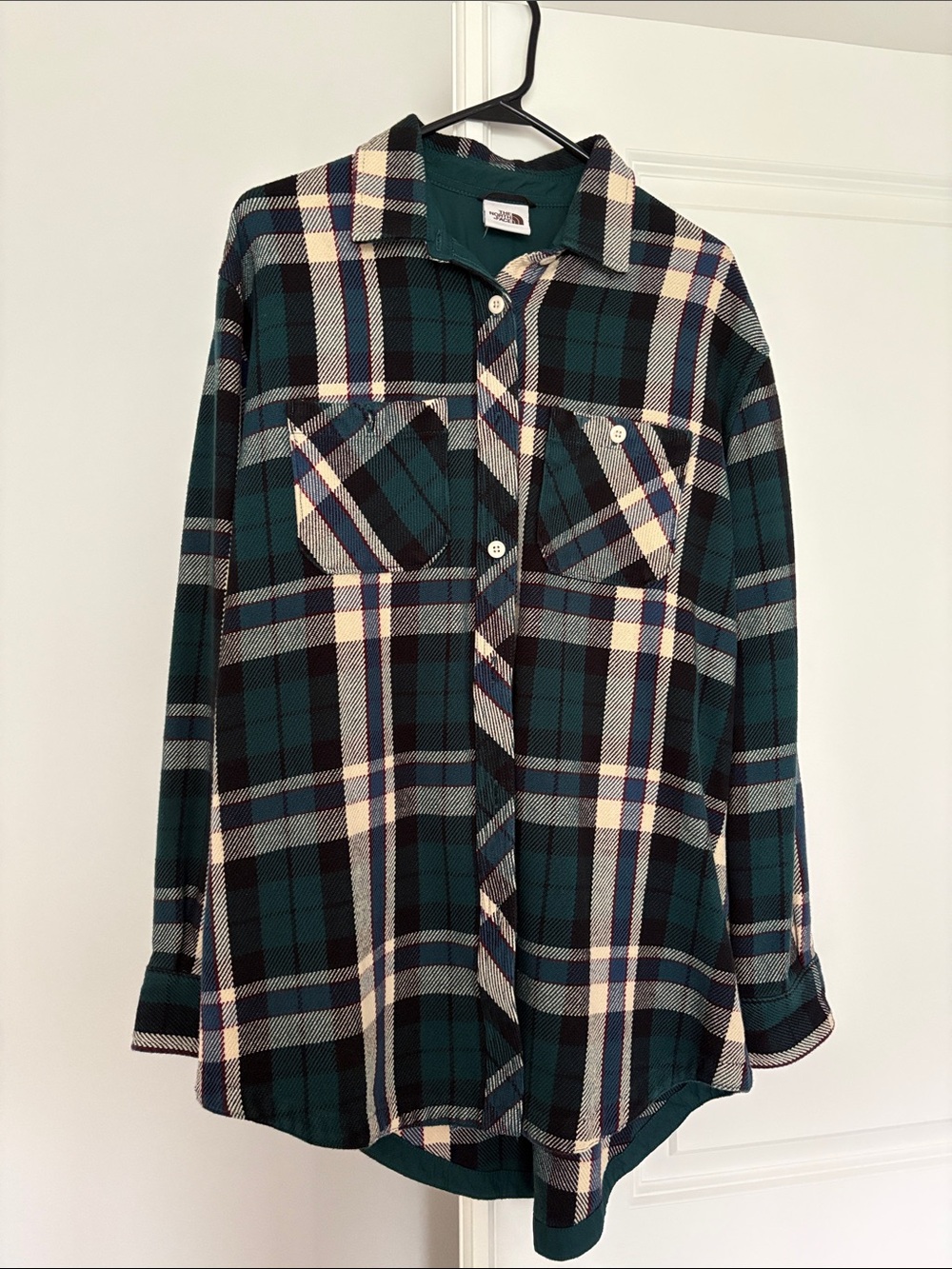 The North Face Teal, Black and Cream Plaid Flannel Shirt